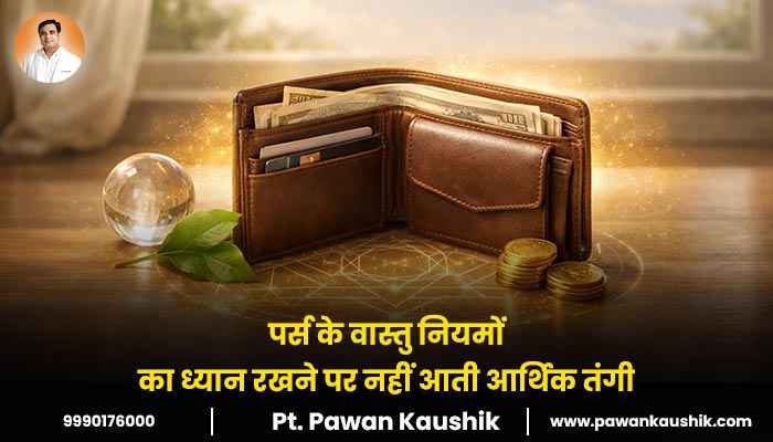 पर्स के वास्तु नियमों का पालन करने से आर्थिक तंगी न आने का महत्व दर्शाता हुआ चित्र