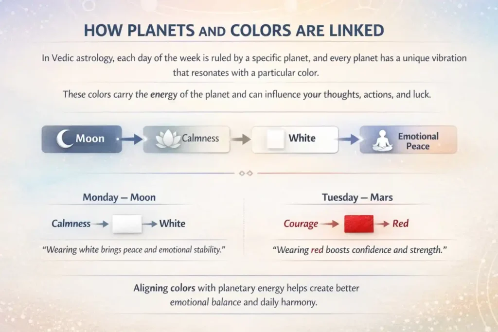 Diagram showing How planets and colors are linked in Vedic astrology showing Moon Mars color influence and energy connection