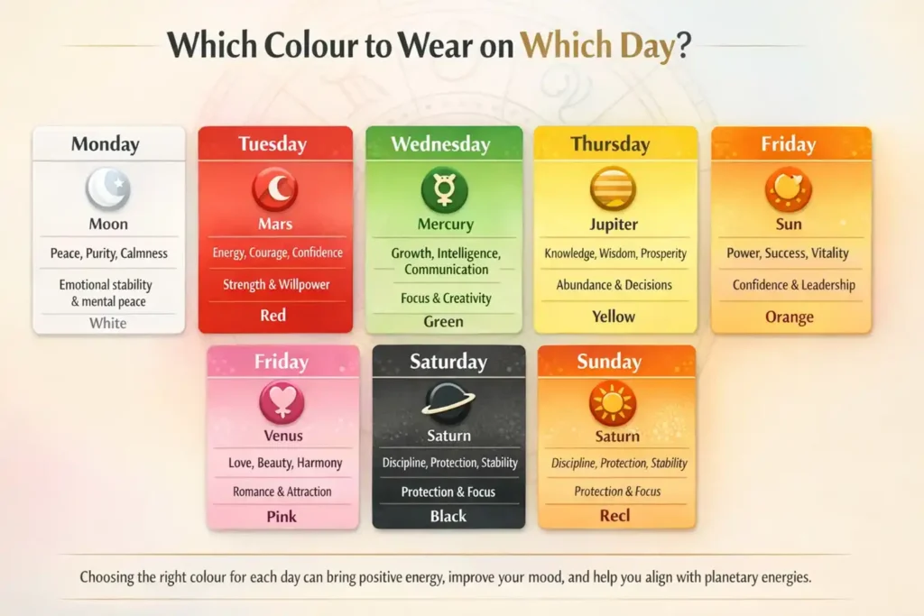 Which colour to wear on which day astrology chart showing weekdays, planets, and lucky colors