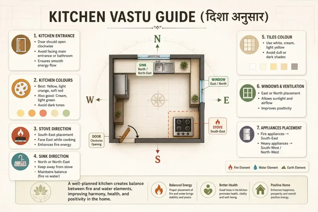 Kitchen Vastu guide diagram showing an overhead layout with stove in the south-east, sink in the north/north-east, east- or north-facing window, clockwise-opening entrance, recommended light colors, and appliance placement to balance fire and water elements for positive energy.