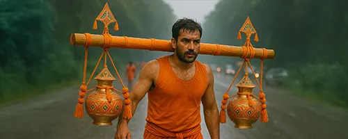 Kanwariya walking barefoot with decorated Kawad on his shoulder during the Kanwar Yatra Kanwariya walking barefoot with decorated Kawad on his shoulder during the Kanwar Yatra