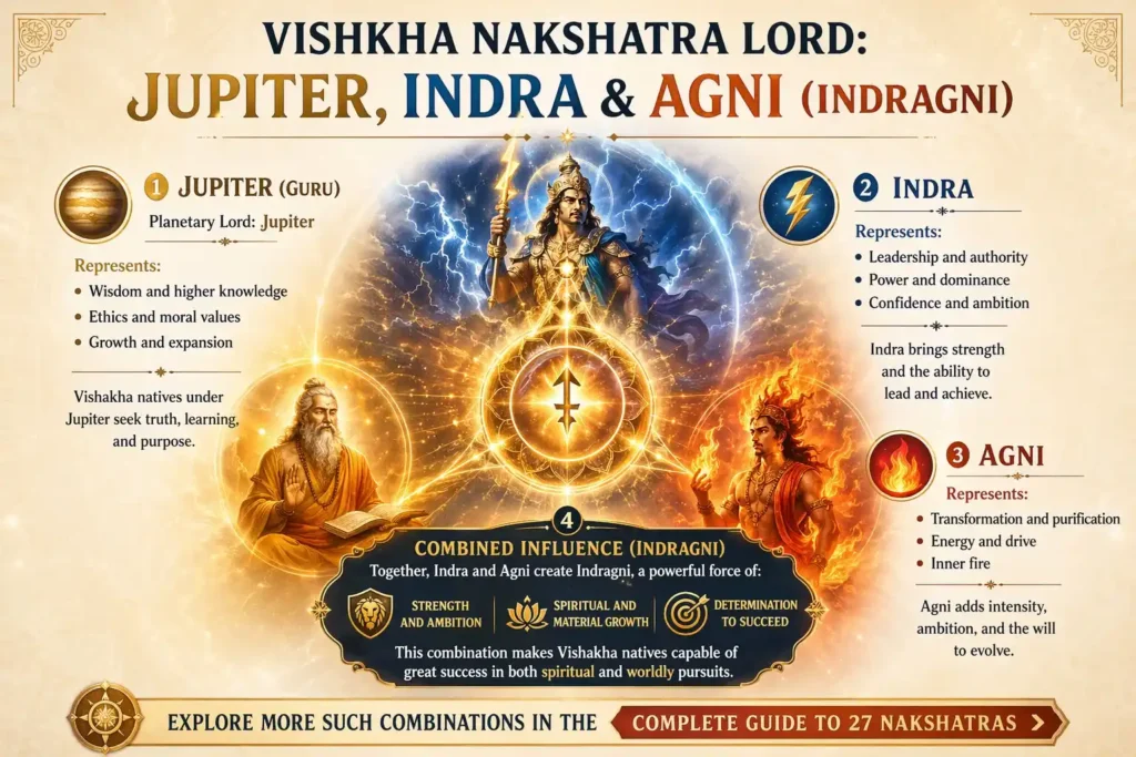 Vishakha Nakshatra Lord: Jupiter, Indra & Agni (Indragni) Vishakha Nakshatra Lord: Jupiter, Indra & Agni explain through infographic