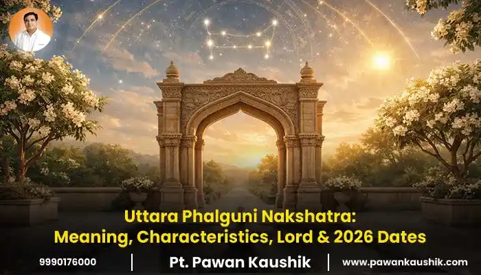 Uttara Phalguni Nakshatra meaning, characteristics, ruling lord and 2026 dates with symbolic zodiac constellation illustration