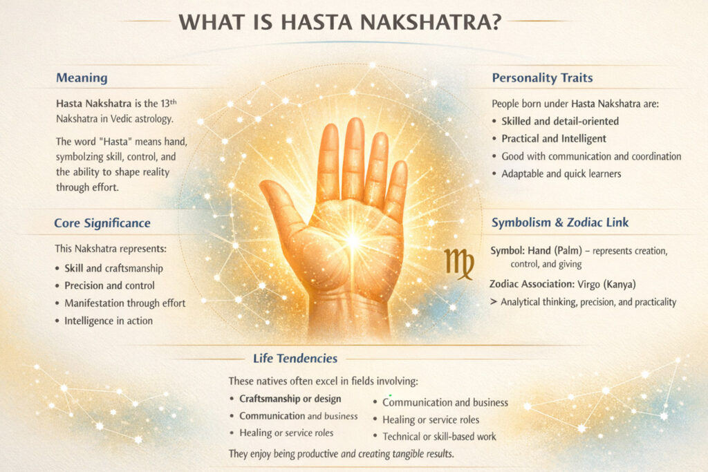 What is Hasta Nakshatra meaning traits symbolism and significance in Vedic astrology infographic