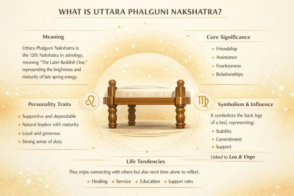 What is Uttara Phalguni Nakshatra meaning traits symbolism and significance in Vedic astrology infographic