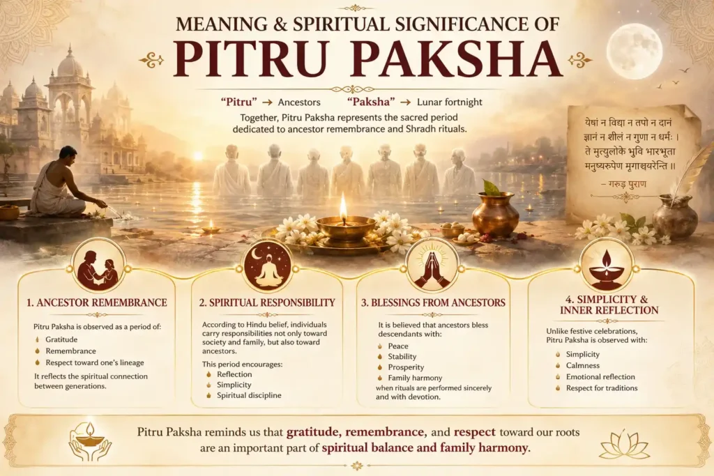 Infographic explaining the meaning and spiritual significance of Pitru Paksha with ancestor remembrance rituals, holy river offerings, diyas, Hindu temples, and teachings about Shradh, gratitude, spiritual discipline, and ancestral blessings.