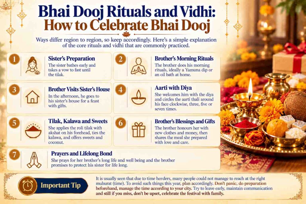Bhai Dooj rituals and Vidhi showing the traditional steps of Bhai Dooj celebration