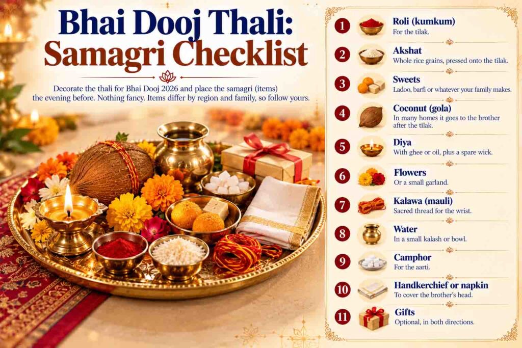 Bhai Dooj Thali Samagri checklist with roli, akshat, sweets, diya, flowers and gifts