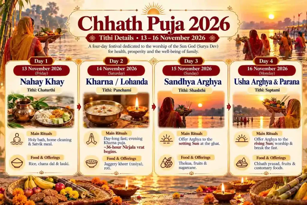 Chhath Puja 2026 Tithi details and four-day schedule from Nahai Khay to Usha Arghya