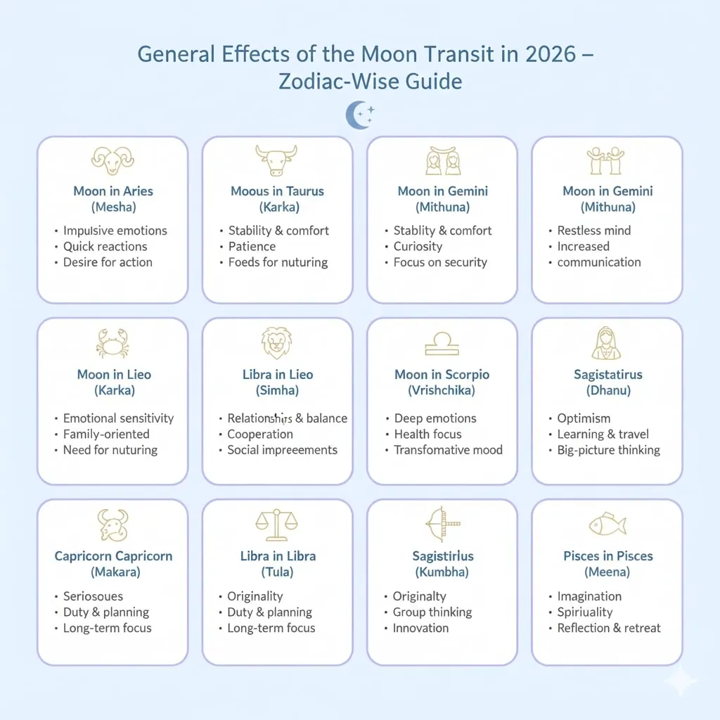 General Effects of Moon Transit 2026 Through Each Zodiac Sign