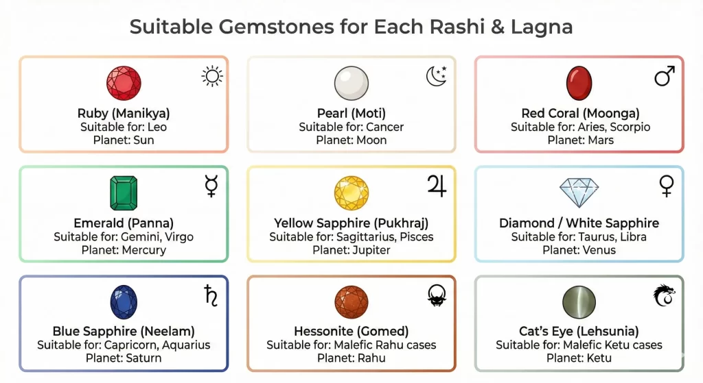 Suitable Gemstone for each Ascendant (Lagn) and Zodiac Sign (Rashi)