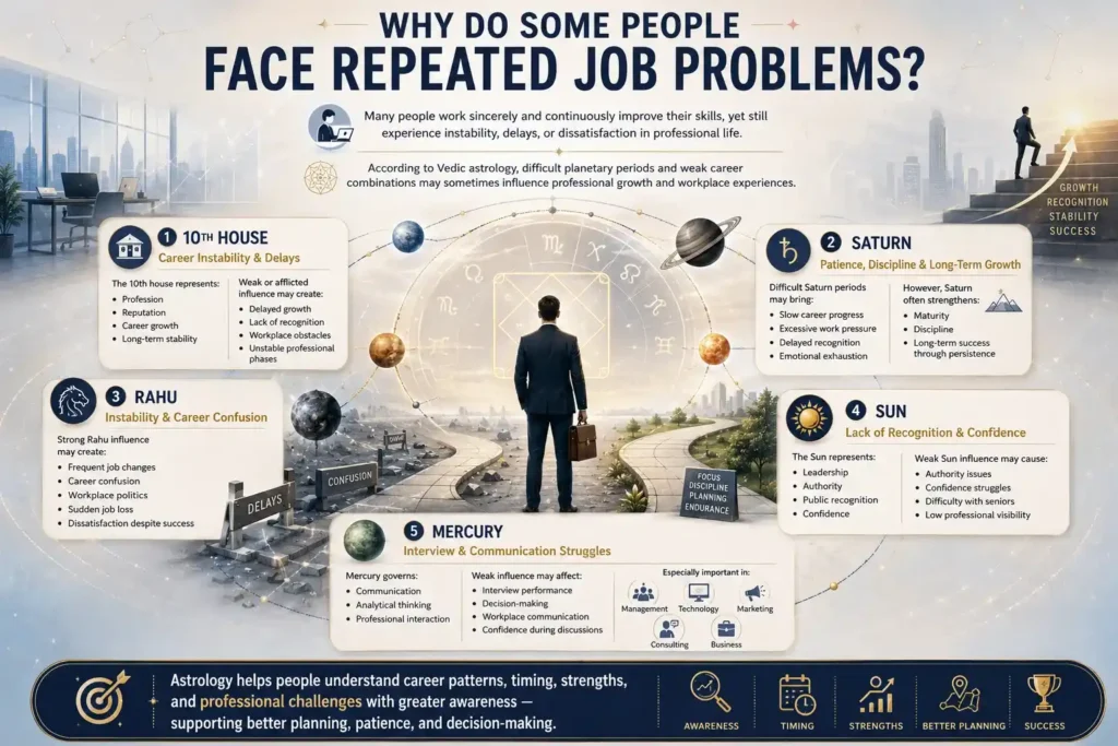 Career astrology poster by Pt. Pawan Kaushik showing job problems, planets, and a man standing between two career paths.