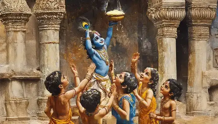 shree krishna is celebrating janmashtami with friends