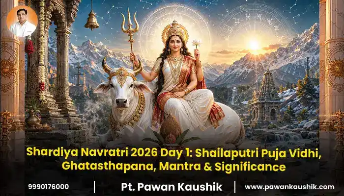 shardiya navratri 2026 day 1 Shailaputrispuja vidhi ghatasthapana mantra and significance blog banner