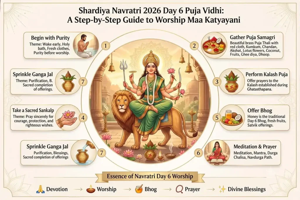 shardiya navratri 2026 day 6 puja vidhi step by step guide to worship maa katyayani explained in infographic