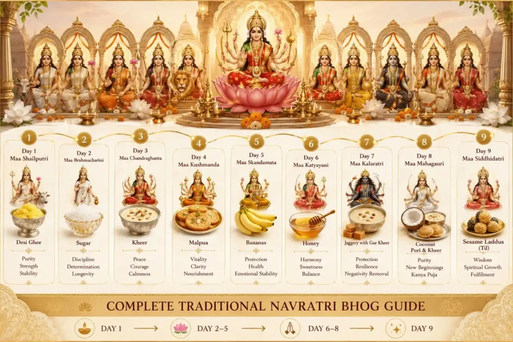 navratri bhog for 9 days 2026 list day wise guide explained all 9 days bhog in infographic
