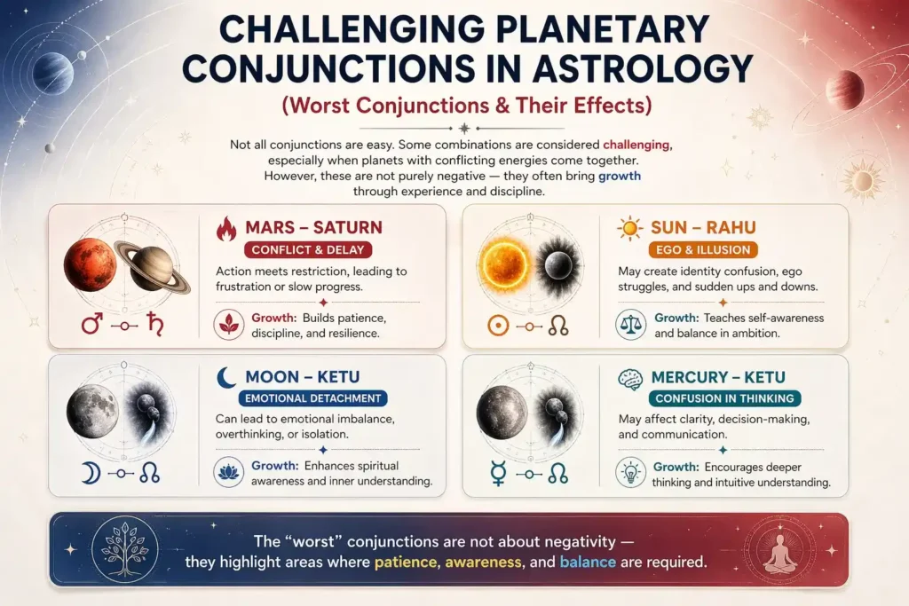 explaining 4 planetary challenging conjunctions in astrology with the help of infographic