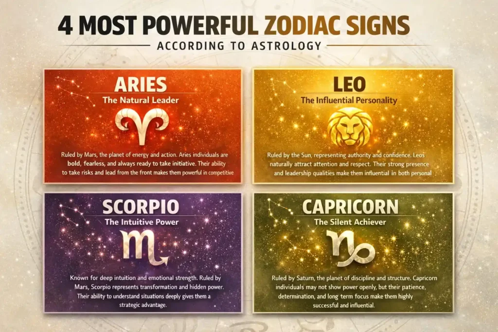 Infographic showing the 4 most powerful zodiac signs in astrology: Aries, Leo, Scorpio, and Capricorn with their traits and symbols