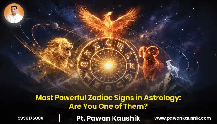 Most powerful zodiac signs in astrology shown with Leo, Aries, and Capricorn symbols around a glowing zodiac wheel in space