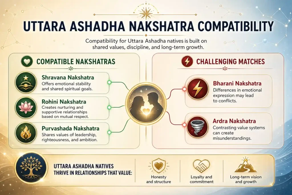 uttara ashadha nakshatra compatibility with other nakshatras like Shravana Nakshatra, Rohini Nakshatra, Purvashada Nakshatra explained in this infographic