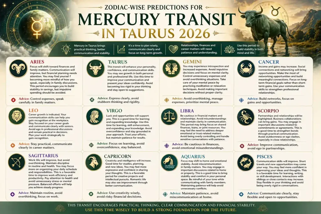 all zodiac wise predictions for mercury transit in taurus in 2026 explained in this infographic
