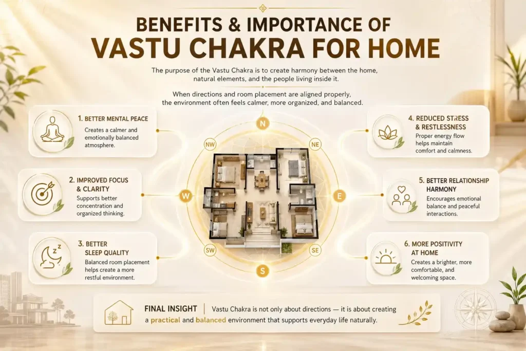 Benefits and importance of Vastu Chakra for home showing balanced house directions, mental peace, better sleep, positivity, focus, and relationship harmony.
