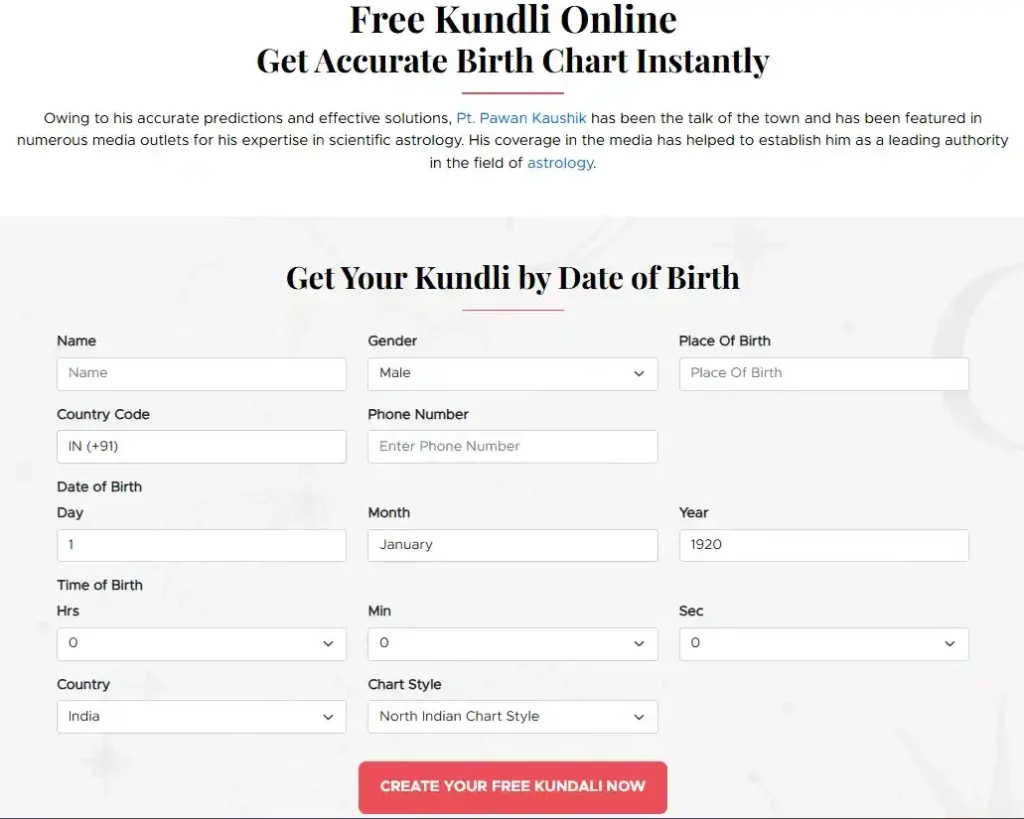 Online kundli form page of pt pawan kaushik site to enter personal details like name, gender, birth date, time, place, and chart style to generate a birth chart instantly.