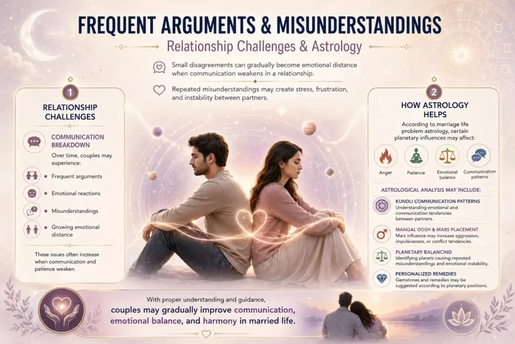 Infographic about relationship misunderstandings and communication problems, showing a sad couple sitting back-to-back with astrology-themed guidance and symbols around them.