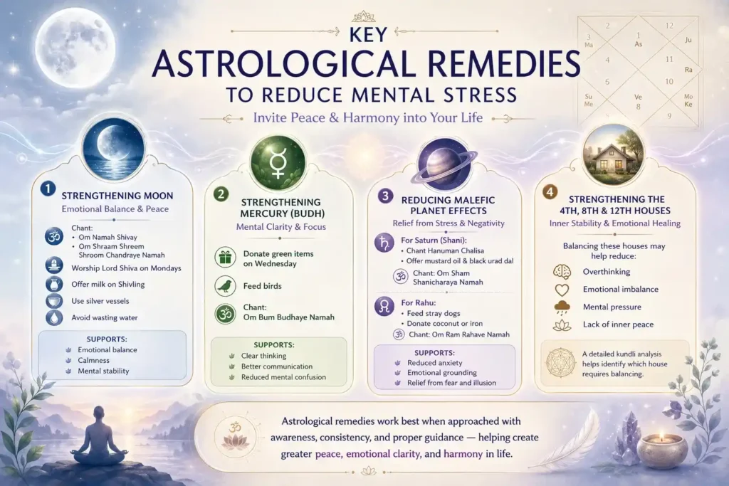 key astrological remedies to reduce mental stress explain by the infographic