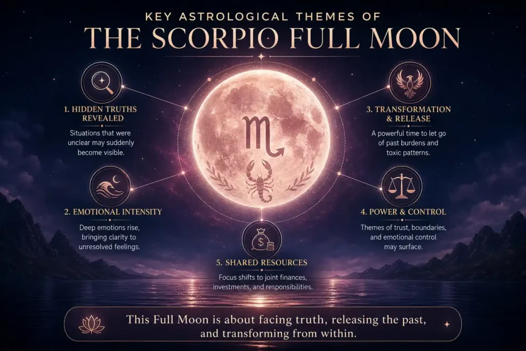 key astrological themes of the scorpio full moon explained in 5 points by the help of infographic