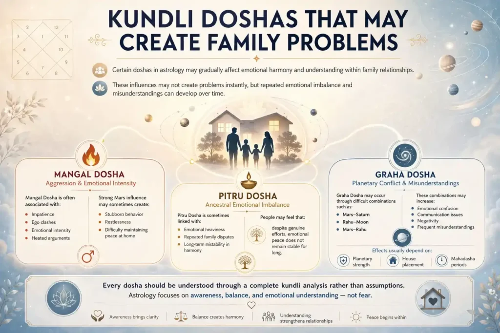 strology infographic about Kundli doshas causing family problems, including Mangal Dosha, Pitru Dosha, and Graha Dosha with family and planet illustrations.