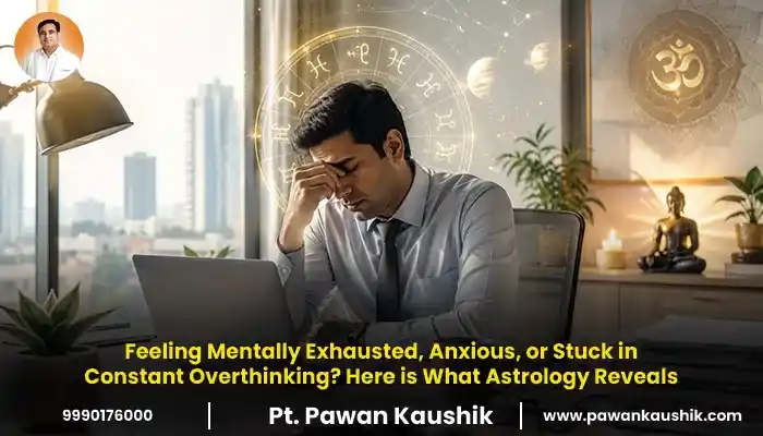 Mentally exhausted businessman with astrology symbols representing anxiety, overthinking, stress relief, and spiritual guidance by astrologer Pt. Pawan Kaushik.