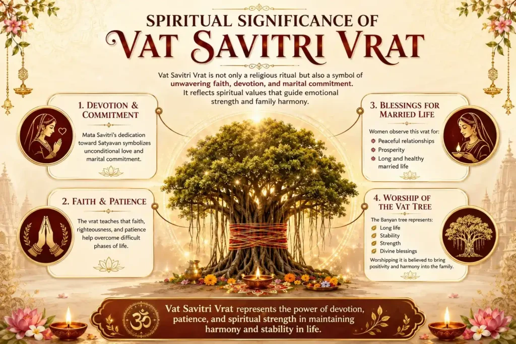 spiritual significance of vat savitri vrat explained by the infographic in four points