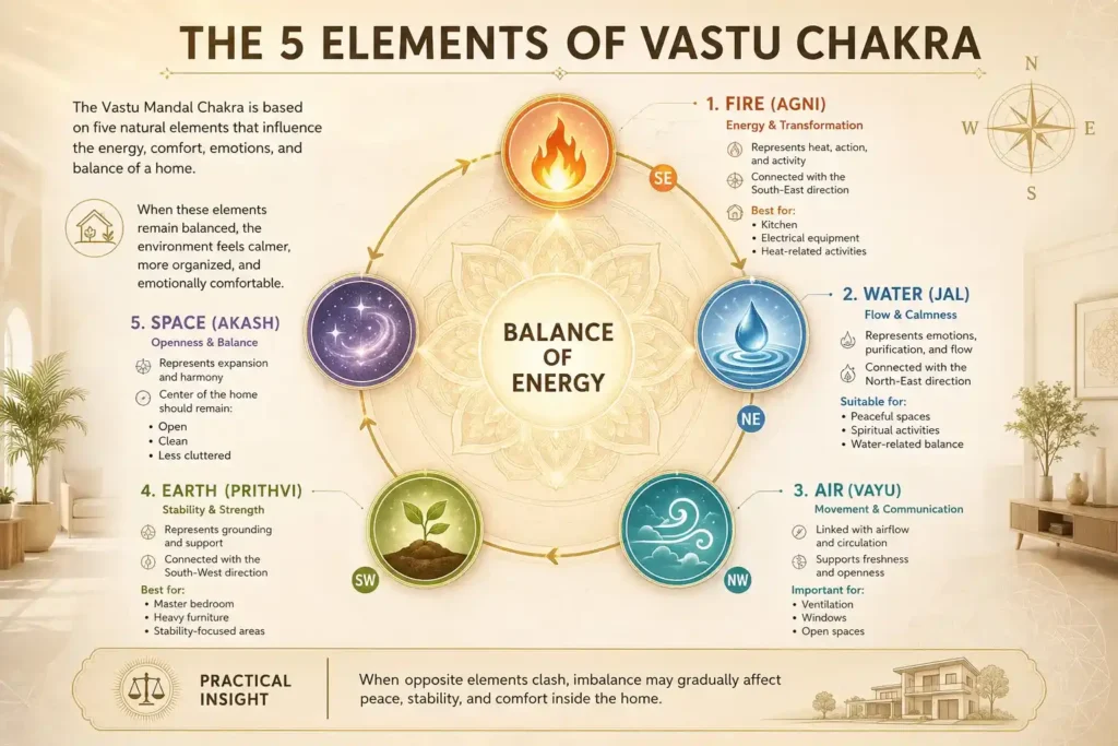 The 5 elements of Vastu Chakra infographic explaining fire, water, air, earth, and space with their directions and energy balance in home.