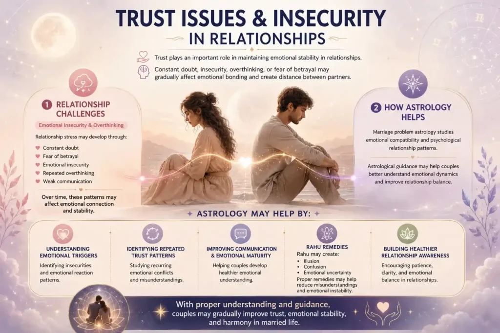 Infographic of a couple with trust issues and insecurity, featuring astrology-themed relationship guidance and emotional healing concepts.