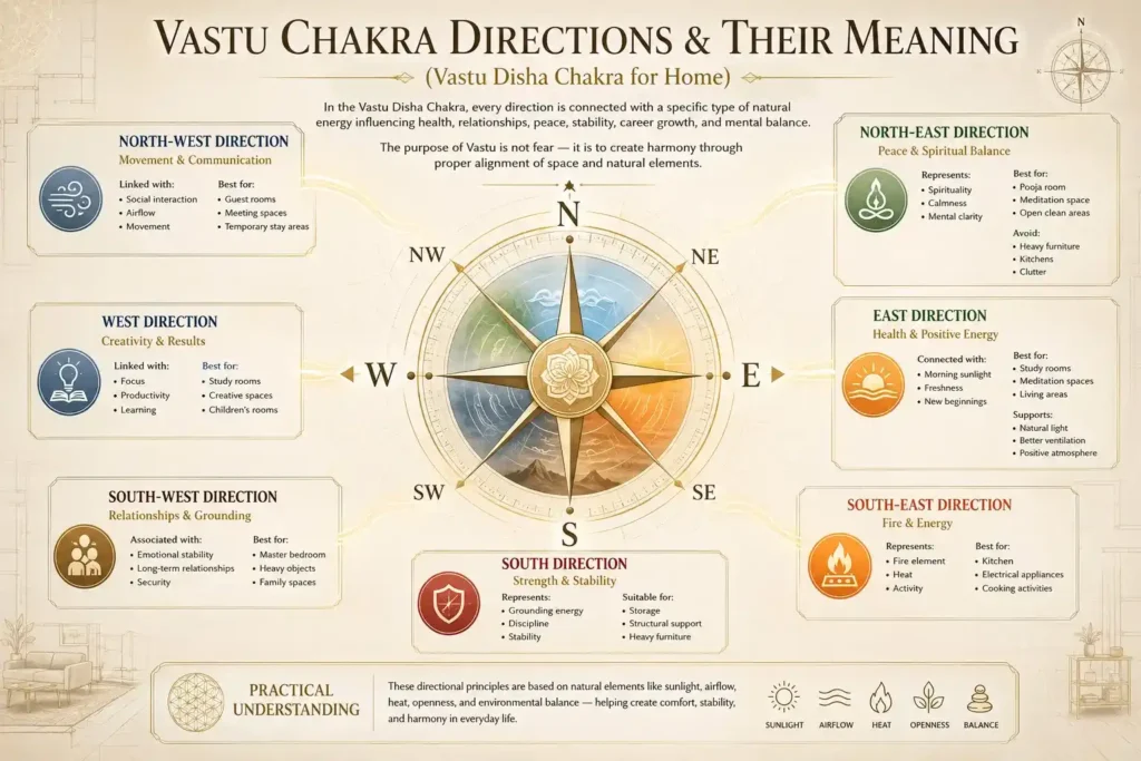 Vastu Chakra directions and their meaning chart explaining north, south, east, west, northeast, northwest, southeast, and southwest directions for home.