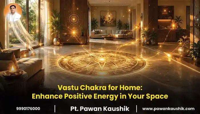 Luxury home interior with glowing Vastu Chakra design symbolizing positive energy, harmony, and balance for home according to Vastu Shastra blog banner