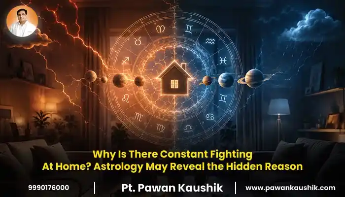 Astrology image with planets, zodiac signs, a house, and Pt. Pawan Kaushik talking about fights at home.