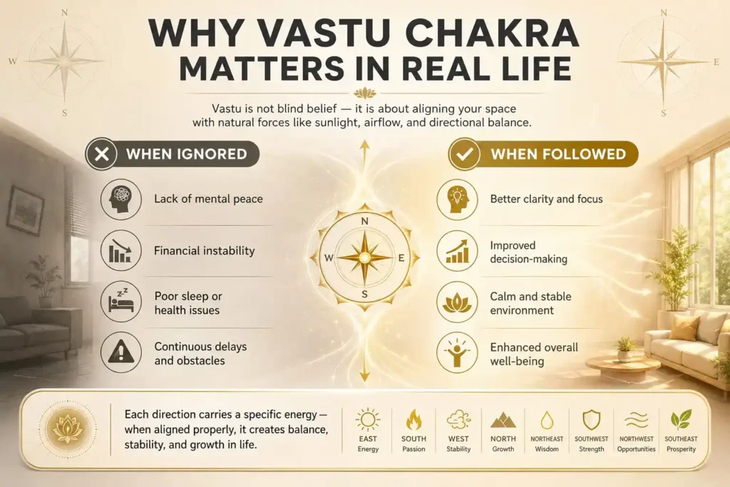 Why Vastu Chakra matters in real life infographic showing benefits of balanced Vastu directions and problems caused by ignoring Vastu principles.
