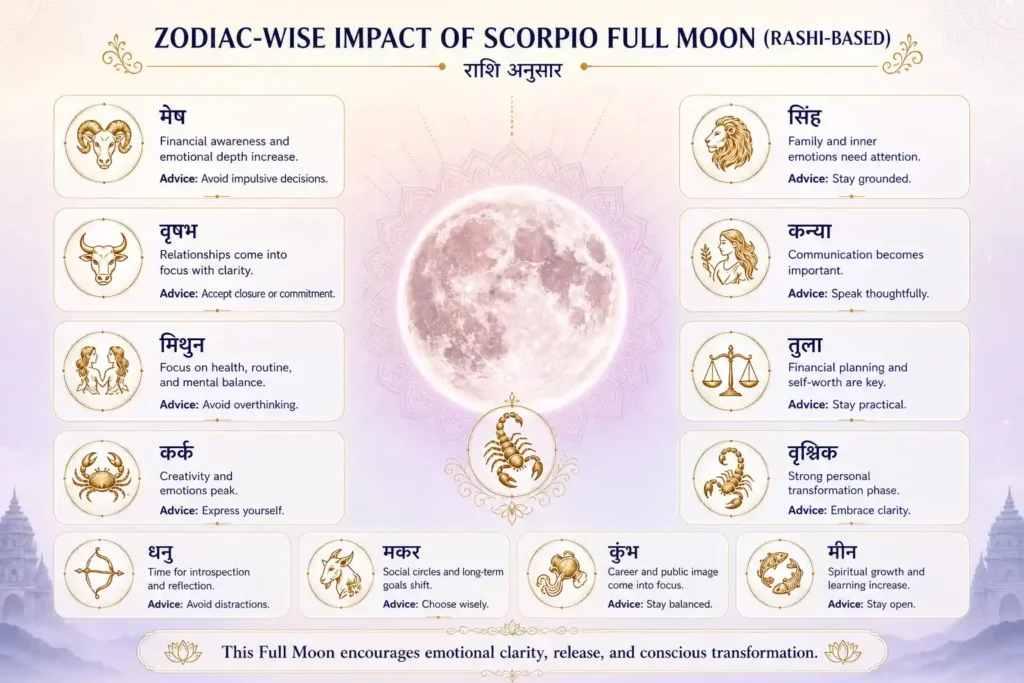 explained zodiac wise impact on all rashi of full moon in scorpio with the help of infographic