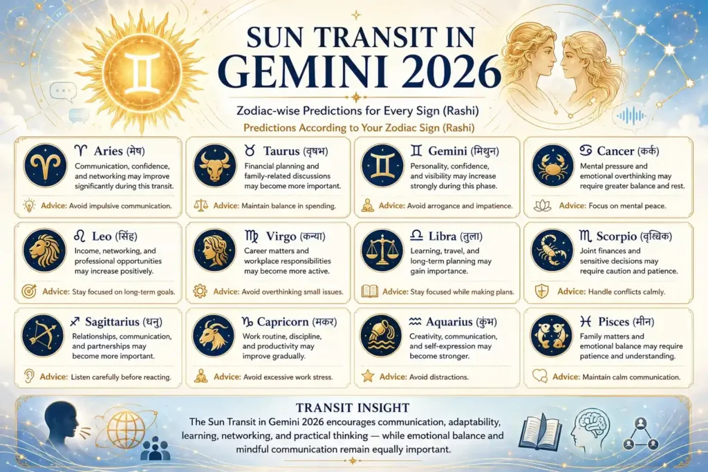 zodiac wise predictions for sun transit in gemini 2026 infographic