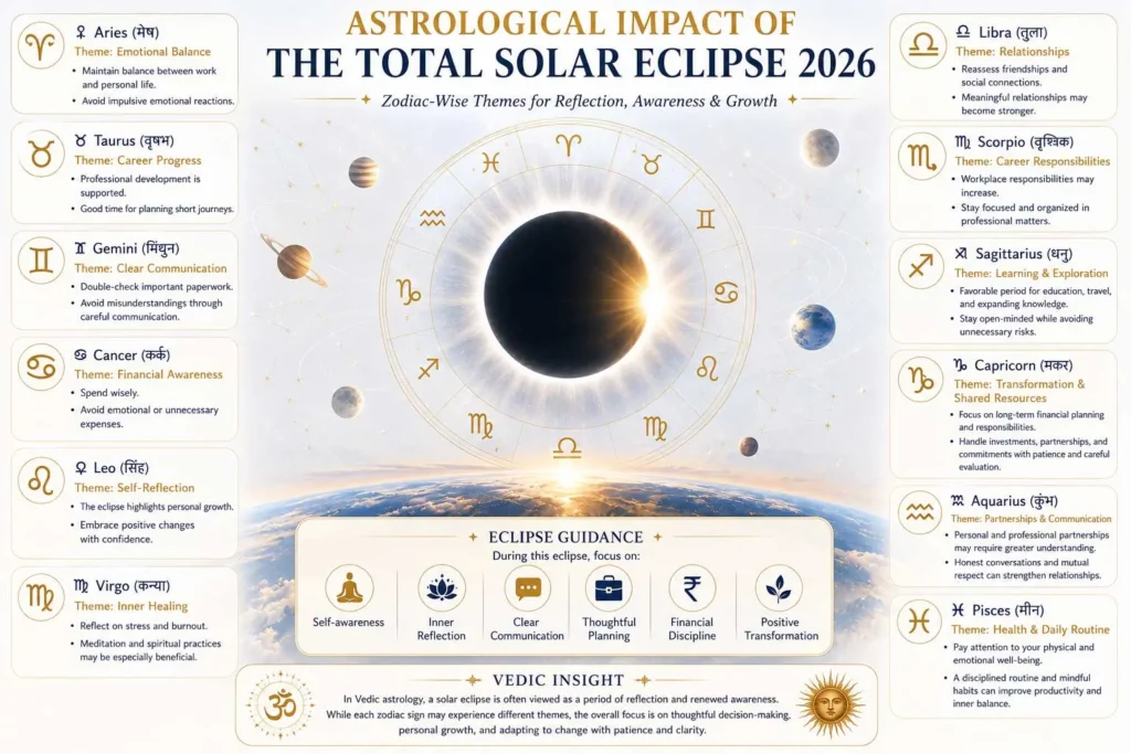 Total Solar Eclipse 2026 astrological effects on all 12 zodiac signs with eclipse guidance and Vedic insight