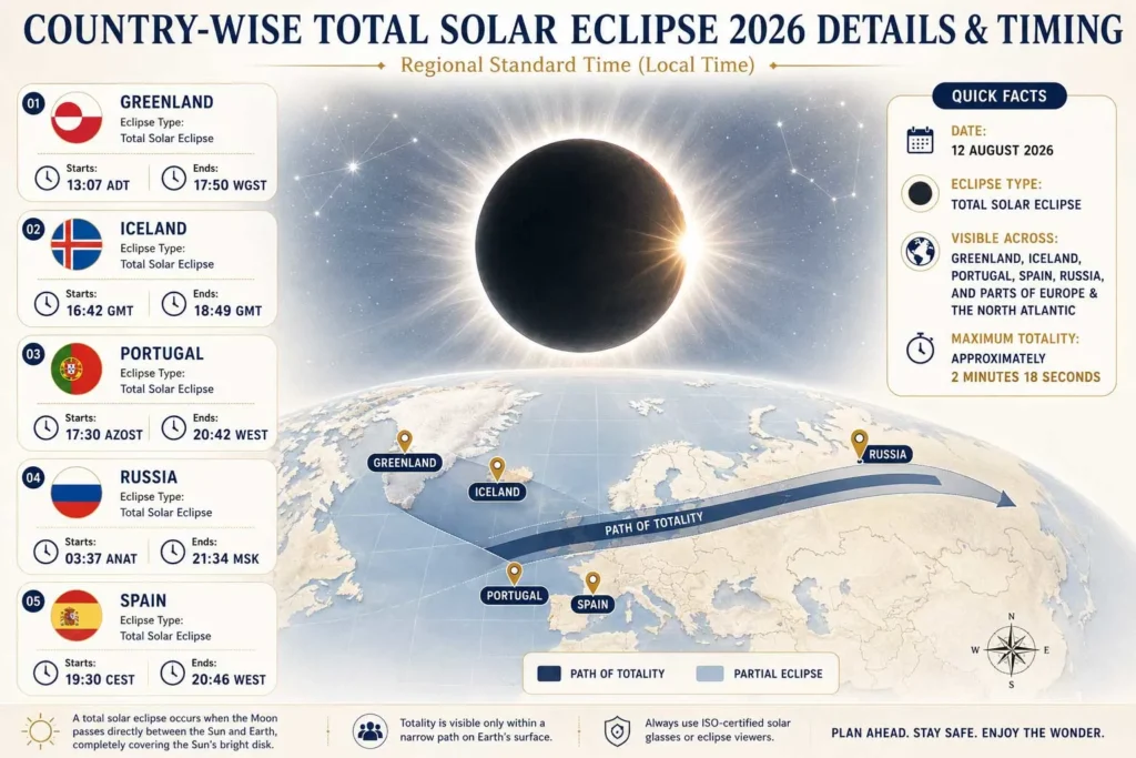 Country-wise Total Solar Eclipse Details and their Timing (Greenland, Iceland, Portugal, Russia, Spain)