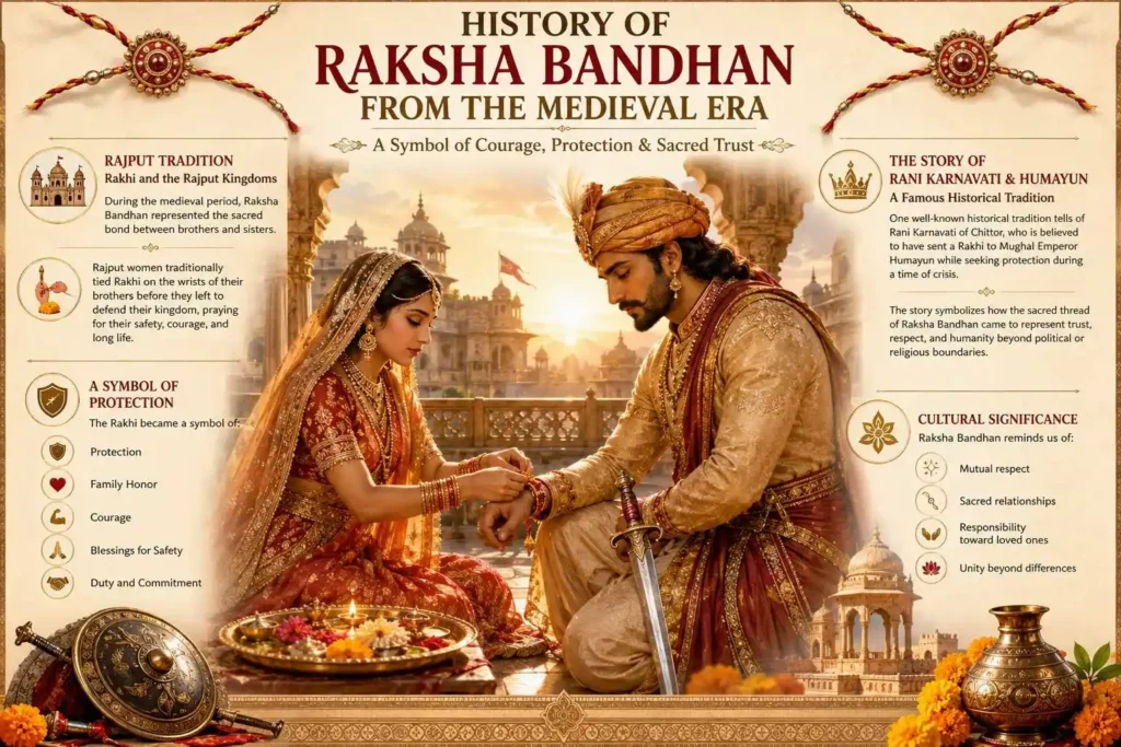 History of Raksha Bandhan from the Medieval Era - Rani Karnavati tying rakhi, to Humayun with courage, and protection