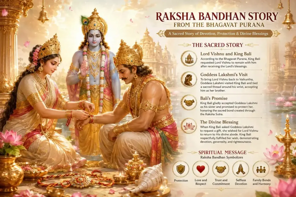 Raksha Bandhan Story from Bhagavat Puran - Goddess Lakshmi tying rakhi on King Bali's wrist with Lord Vishnu blessing