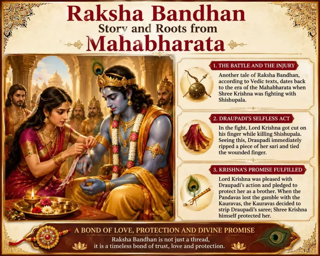Raksha Bandhan Story from Mahabharata - Draupadi tying torn saree cloth on Krishna's wounded finger