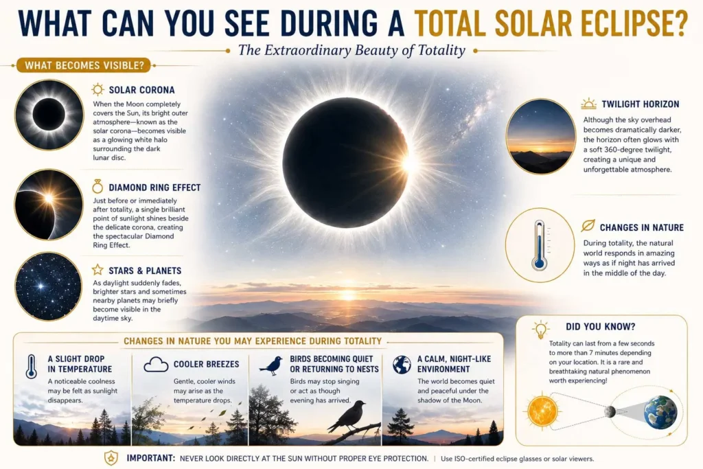 Total solar eclipse totality visuals - solar corona, diamond ring effect, stars, and nature changes during darkness
