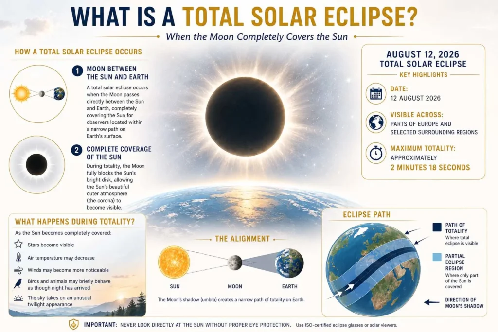 How a total solar eclipse occurs - Moon covering Sun with August 12 2026 date, totality duration and eclipse path map